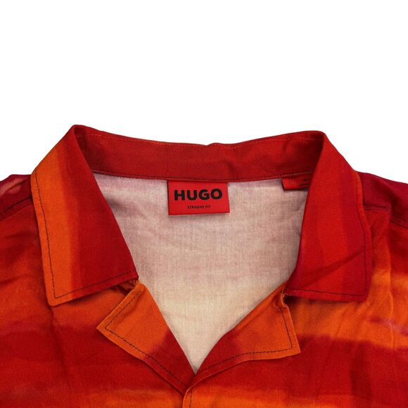 Hugo Boss Mens Ellino Relaxed Fit Sunset Short Sleeve Button Down Shirt Red L - Picture 3 of 5